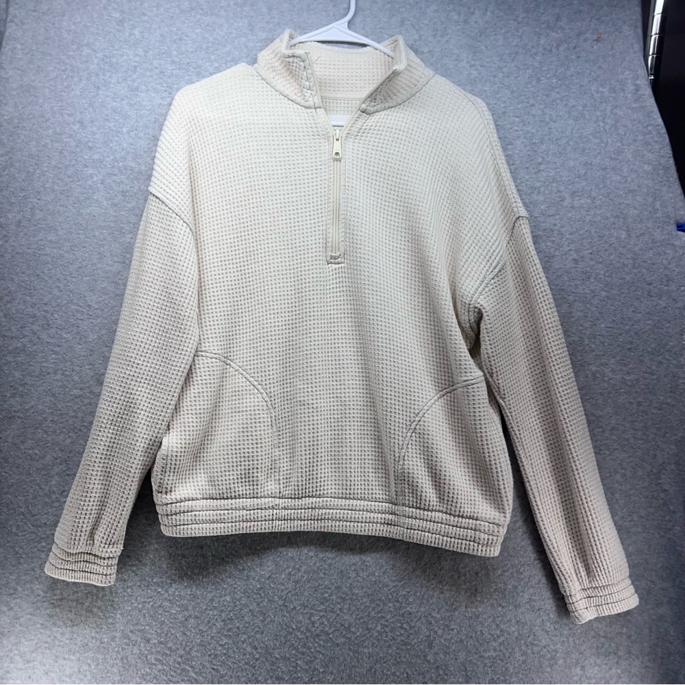 aerie Waffle Half-Zip Pullover Hoodie in Cream